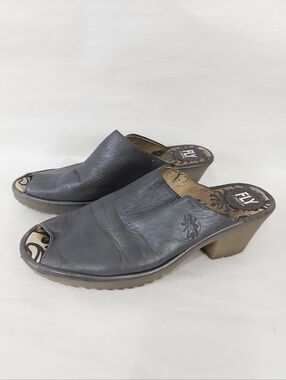 Fly London Women Wony Peep Toe Comfy Heeled Mules Slide Slip-on Clogs Size 40 EU